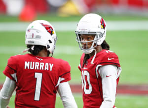 Arizona Cardinals quarterback Kyler Murray (1) with wide receiver DeAndre Hopkins (10) against the Washington Football Team at State Farm Stadium.